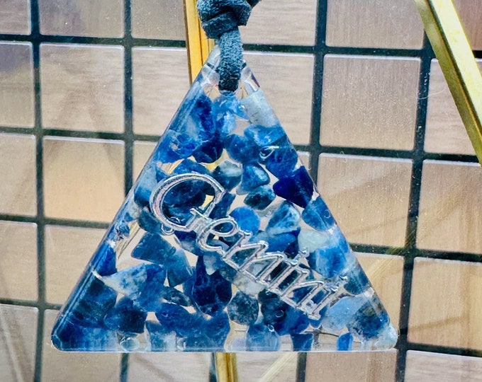 Necklace, Gemini, blue sodalite, light healing crystals, horoscope zodiac Triangle, resin pendant, handmade