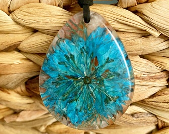 Pressed Flower Necklace Blue Wildflower Necklace Sunstone Blue Pressed Flower, Tear Drop, Gift For Her