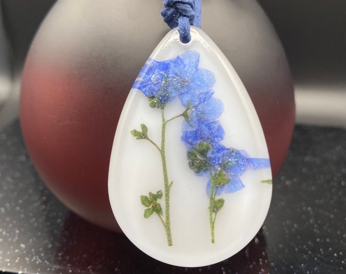 Forget Me Not Necklace Real Flowers Teardrop Flowers In Resin, Blue Flower, White Pendant, Blue Cord