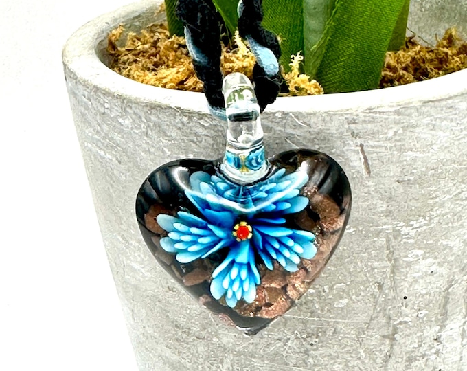 Glass Heart Necklace, Flower Pendant Necklace, Blue Flower, Hand-Braided Corded Necklace, 22-inch - Handcrafted by Earth Dweller Jewelry