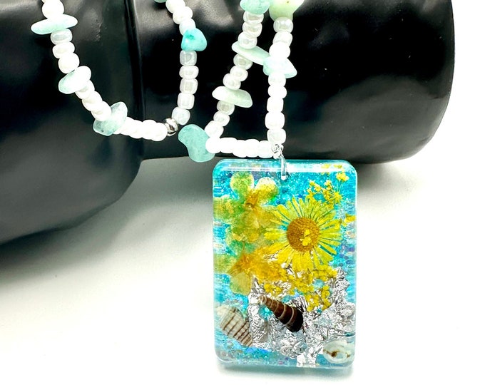 Beaded Necklace pressed flowers, glass, beads, seashells, yellow, wildflowers, resin pendant, handmade