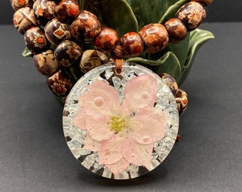 Bead, necklace pressed flower, pink Larkspur, wooden beads, handmade resin pendant