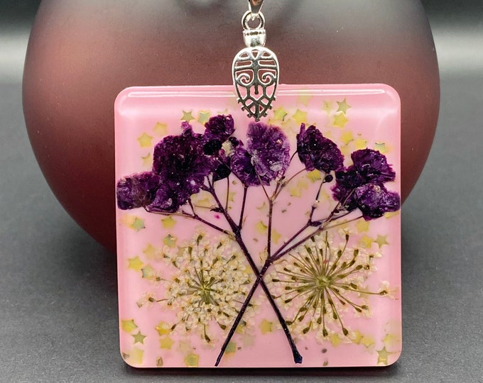 Necklace, real flowers, purple babies, breath, pink, resin pendant, handmade