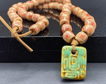 Bead Necklace Ceramic Pendant Wooden Beads Handmade Green