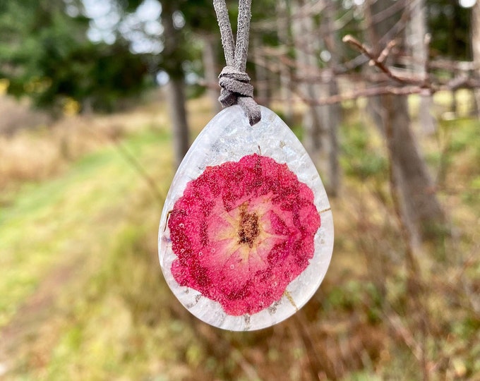 Necklace, dried flower, red rose, resin pendant, handmade