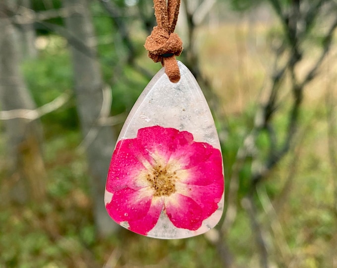 Necklace Pressed Flower Milky Quartz Red Rose Teardrop Resin Pendant Handmade