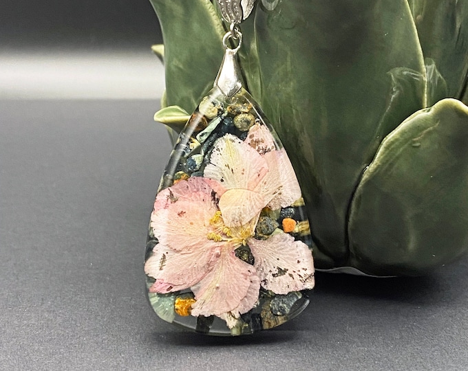 Necklace real flower, Kebaba, Jasper, pink Larkspur, teardrop, resin pendant, handmade