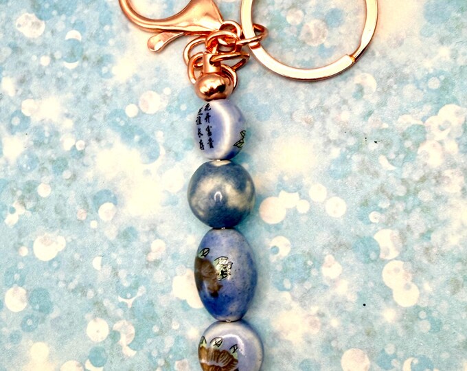 Blue Bead Keychain Ceramic Handpainted Beadwork Rose Gold Metal Key Chain