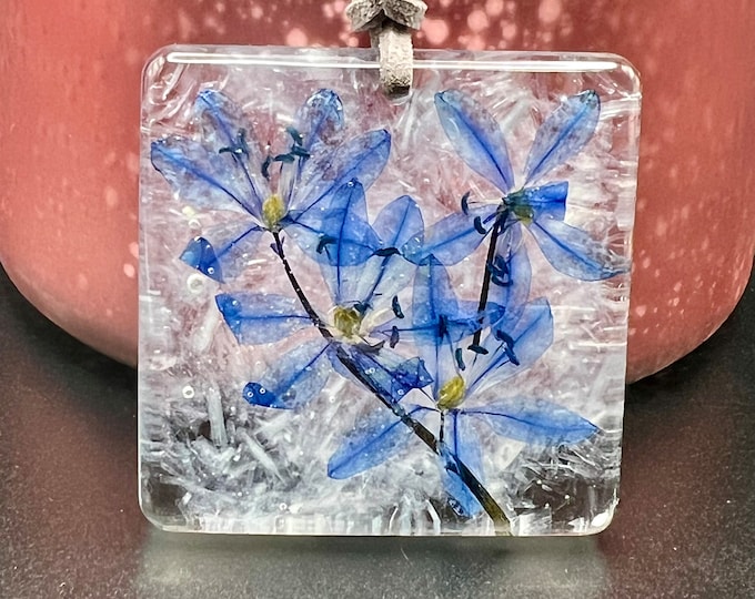 Selenite Wildflowers Necklace Handcrafted Blue Siberian Squill Selenite Chakra Healing, Resin Pendant Necklace, 28" Grey Faux Leather Cord