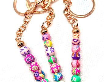 Silicone Bead Keychain Rose Gold Bright Pink Colorful Beaded