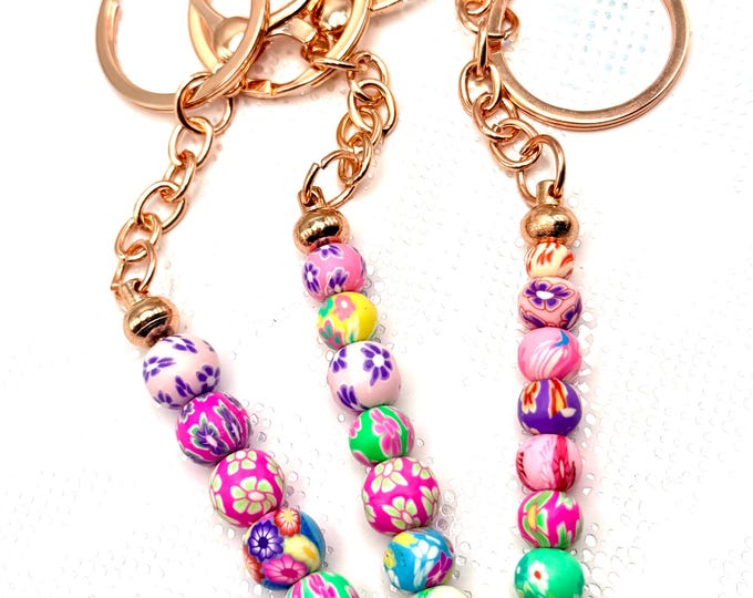 Silicone Bead Keychain Rose Gold Bright Pink Colorful Beaded