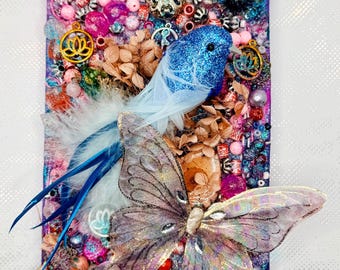 5x7 Mixed Media Canvas Art: Bluebird Iridescent Butterfly Decor