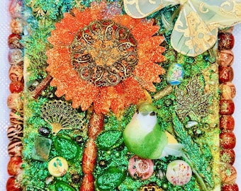 Canvas Art 5x7 Flower Butterfly Bird Beaded Frame Decoupage Mixed Media Artwork Wall Decor