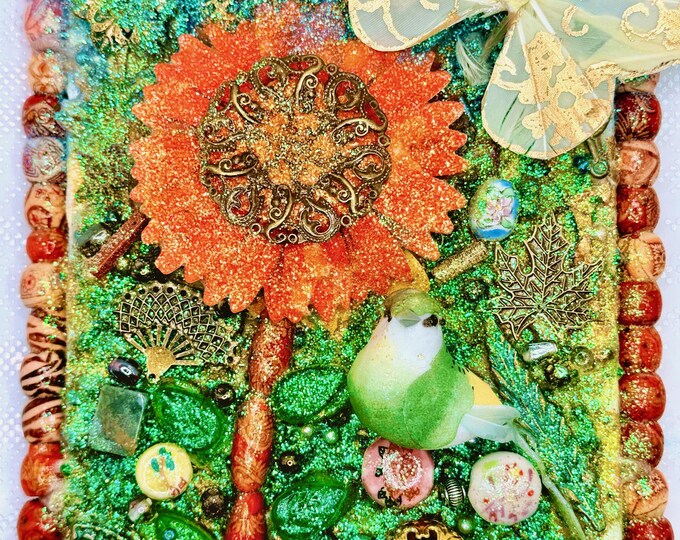 Canvas Art 5x7 Flower Butterfly Bird Beaded Frame Decoupage Mixed Media Artwork Wall Decor