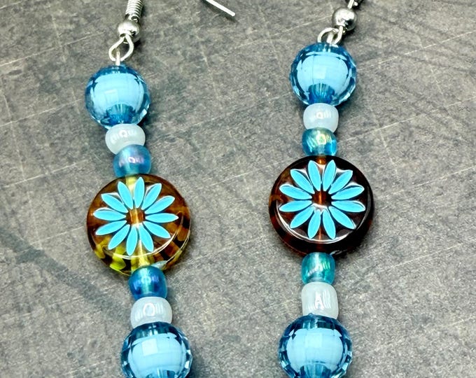 Blue Amber Earrings Beaded Unique Handcrafted Dangle Beadwork Earrings