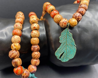 Beaded Necklace Green Feather, Bronze Pendant, Tribal Necklace With Wooden Beads