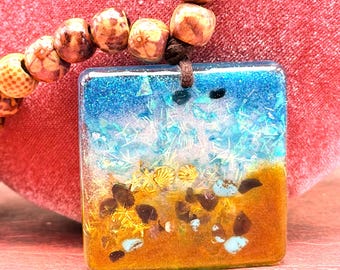 Beach Boho Necklace Beaded Wooden Beads Acrylic Pendant Handcrafted