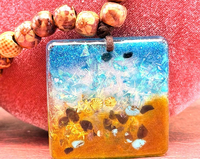 Beach Boho Necklace Beaded Wooden Beads Acrylic Pendant Handcrafted