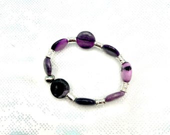 Stretchy Bracelet Beaded Purple Silver Boho Style Beadwork Jewelry