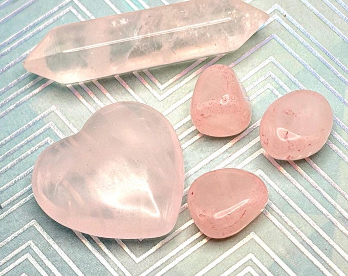 Pink Quartz Set Healing Crystal Kit Pendulum Worry Stone Palm Stones Pocket Crystals