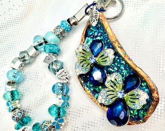 Blue Mussel Shell Keychain Classy Unique Handcrafted Beadwork Key Chain