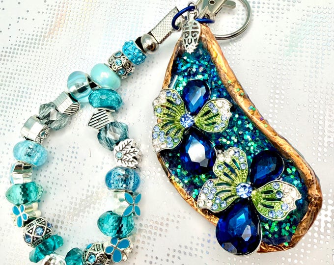 Blue Mussel Shell Keychain Classy Unique Handcrafted Beadwork Key Chain