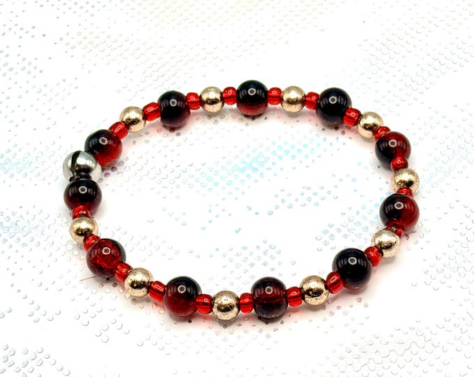 Bracelet Stretchy Red Gold Beaded Handmade Beadwork Jewelry