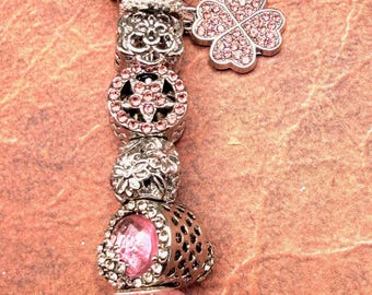 Pink Bead Keychain Silver Beaded Key Chain Boho One Of A Kind