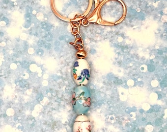 Ceramic Bead Keychain Handpainted Beadwork Rose Gold Metal Key Chain