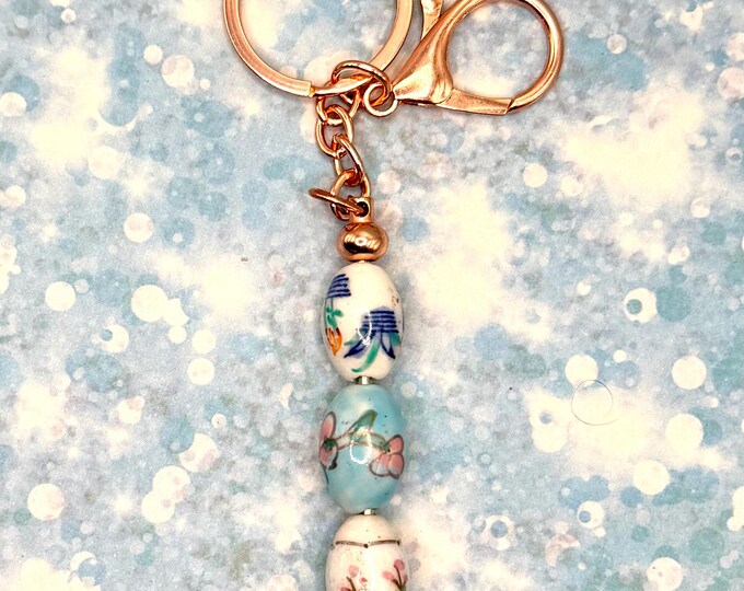 Ceramic Bead Keychain Handpainted Beadwork Rose Gold Metal Key Chain