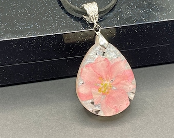 Necklace, dried flour, July birth, flower, pink Larkspur, teardrop, resin pendant, handmade