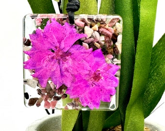 Necklace, real flowers, rhodonite, pink azalea, pressed wildflowers, resin pendant handmade