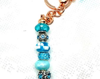 Blue Bead Keychain Rose Gold Beaded Key Chain Boho One Of A Kind