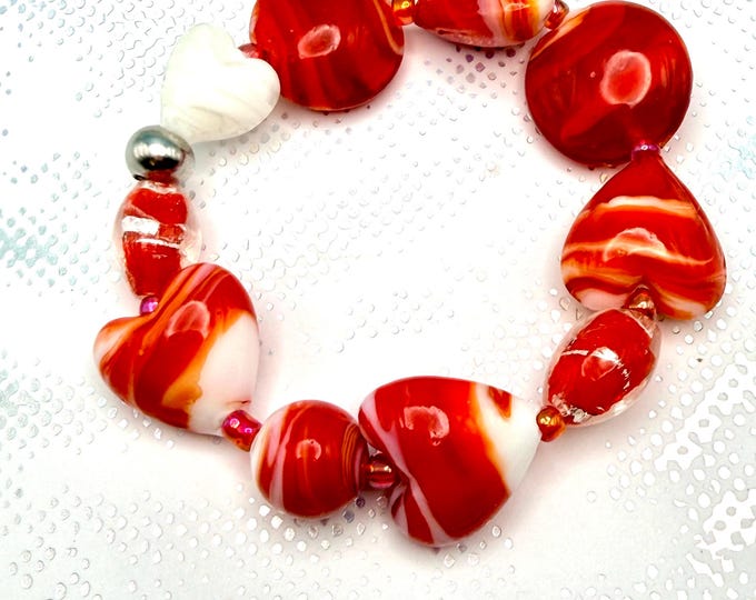 Glass Heart Bracelet Red and White Stretchy Beaded