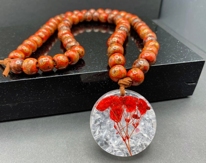 Beaded necklace, dried flowers, selenite red babies breath wooden beads handmade resin pendant