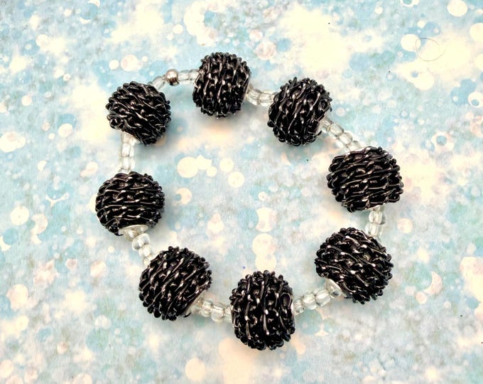 Glass Bead Bracelet Black Chunky Beadwork Jewelry Handcrafted