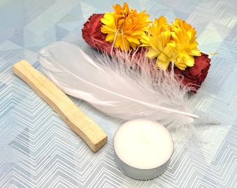 Red Sage Palo Santo Energy Healing Kit with Pink Quartz, Candle, Feather