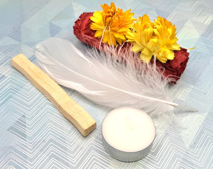 Red Sage Palo Santo Energy Healing Kit with Pink Quartz, Candle, Feather