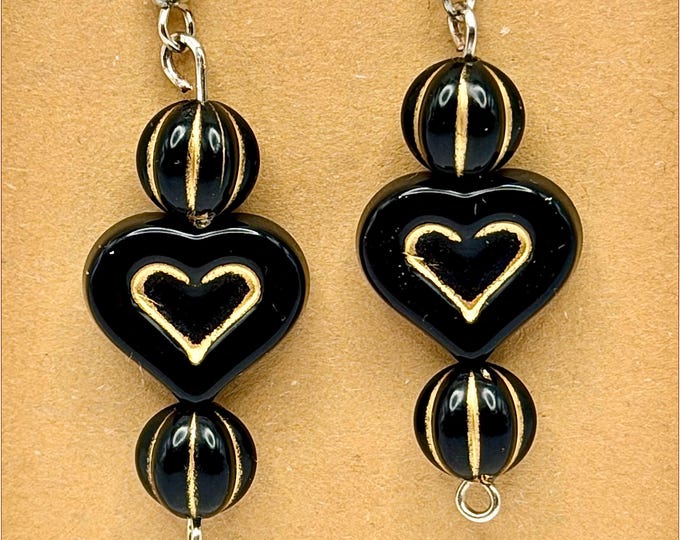 Heart Earrings Beaded Black and Gold