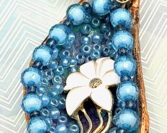 Mussel Shell Keychain White Floral Blue Beaded Mixed Media Seashell Artwork Designer Keyring Holder