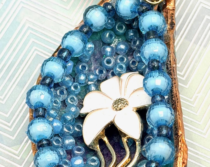 Mussel Shell Keychain White Floral Blue Beaded Mixed Media Seashell Artwork Designer Keyring Holder
