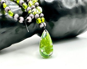 Beaded necklace, green fern, glass, beads, teardrop, resin pendant, handmade