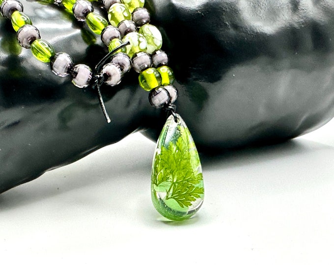 Beaded necklace, green fern, glass, beads, teardrop, resin pendant, handmade