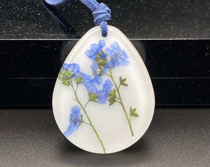 Necklace dried flowers forget me not something blue September birth, flower, teardrop, resin pendant, handmade