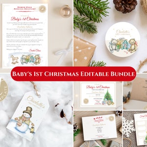 Primeira carta do Papai Noel do bebê, modelos editáveis, inclui certificado, etiquetas para presentes de Natal e cápsula do tempo do primeiro Natal, download instantâneo