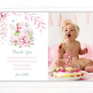 Carte de remerciement photo premier anniversaire fée, 1er anniversaire de fille, fête des fées des bois, forêt enchantée, anniversaire de tout âge, modèle, F01