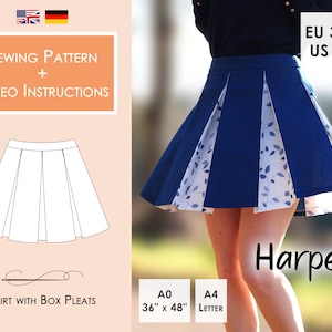 Falda HARPER con Box Pleats Patrón de costura PDF Tamaños 34-46 (4-16) / Descarga instantánea en A4, Carta, A0, 36"x48"