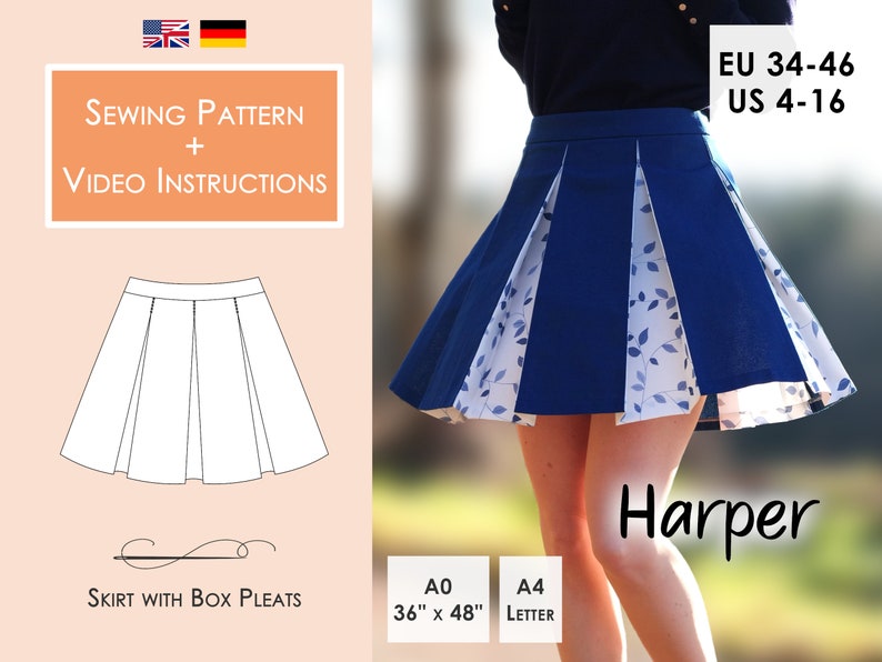 Skirt HARPER with Box Pleats PDF Sewing Pattern Sizes 34-46 4-16 Instant Download in A4, Letter, A0, 36x48 image 1