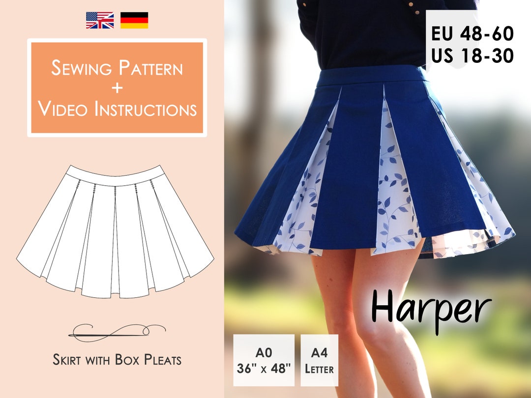 Skirt HARPER With Box Pleats PDF Sewing Pattern Sizes 48-60 18-30 ...