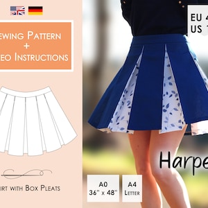 Falda HARPER con Box Pleats Patrón de costura PDF Tamaños 48-60 (18-30) / Descarga instantánea en A4, Carta, A0, 36"x48"